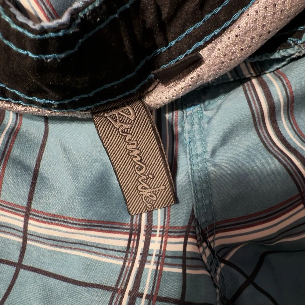Burnside Board Shorts Mens Medium Blue Plaid Swim Trunks Cargo Pocket Drawstring